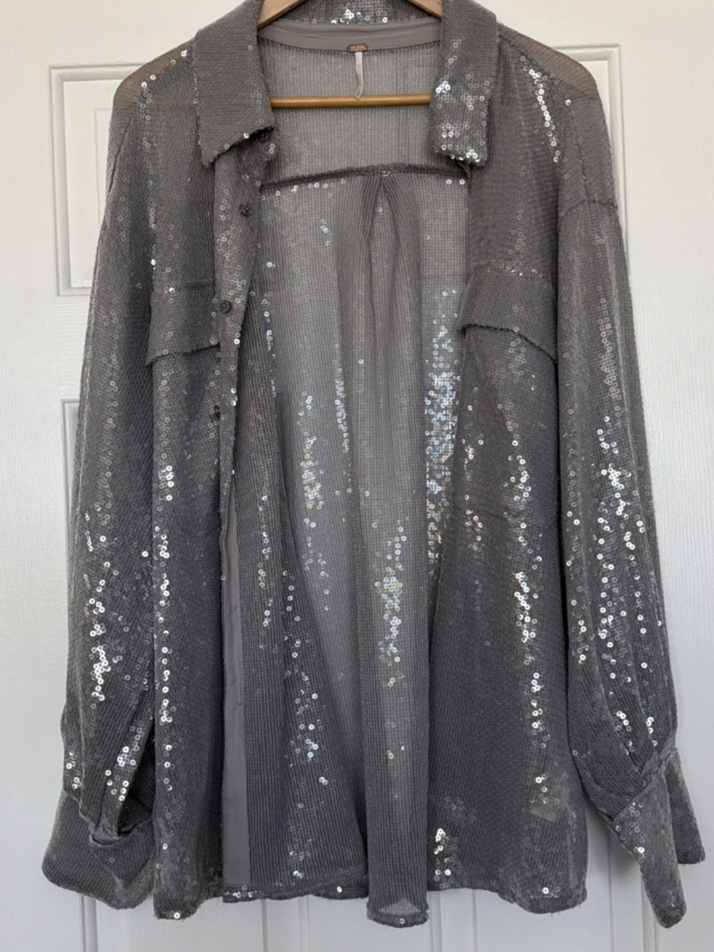 Free People Disco Margarita Sheer Silver Sequin Button Up Shirt